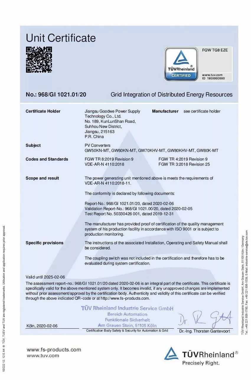 GoodWe becomes the world’s first non-European inverter manufacturer to obtain the very demanding VDE-AR-N 4110-2018 compliance certificate.-Novinky-GoodWe CZ